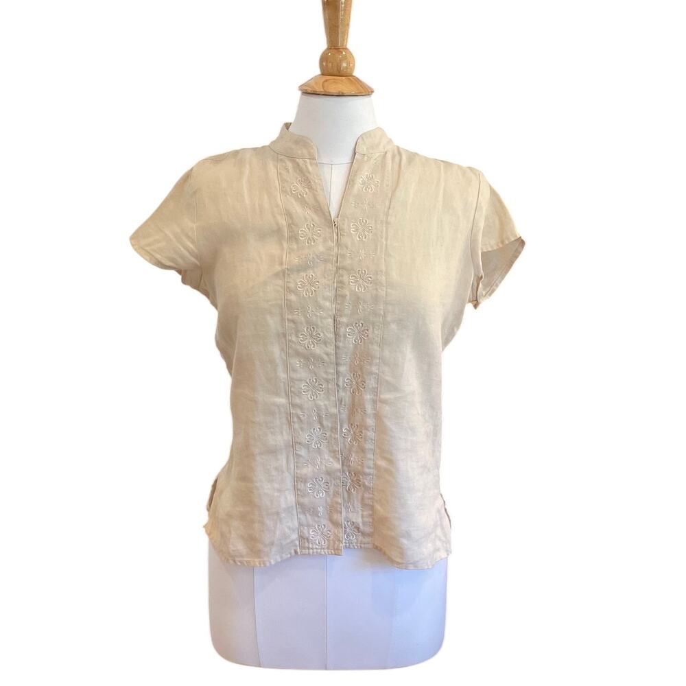 Jillian Jones Beige 100% Linen Embroidered Short Sleeve Blouse, Size M